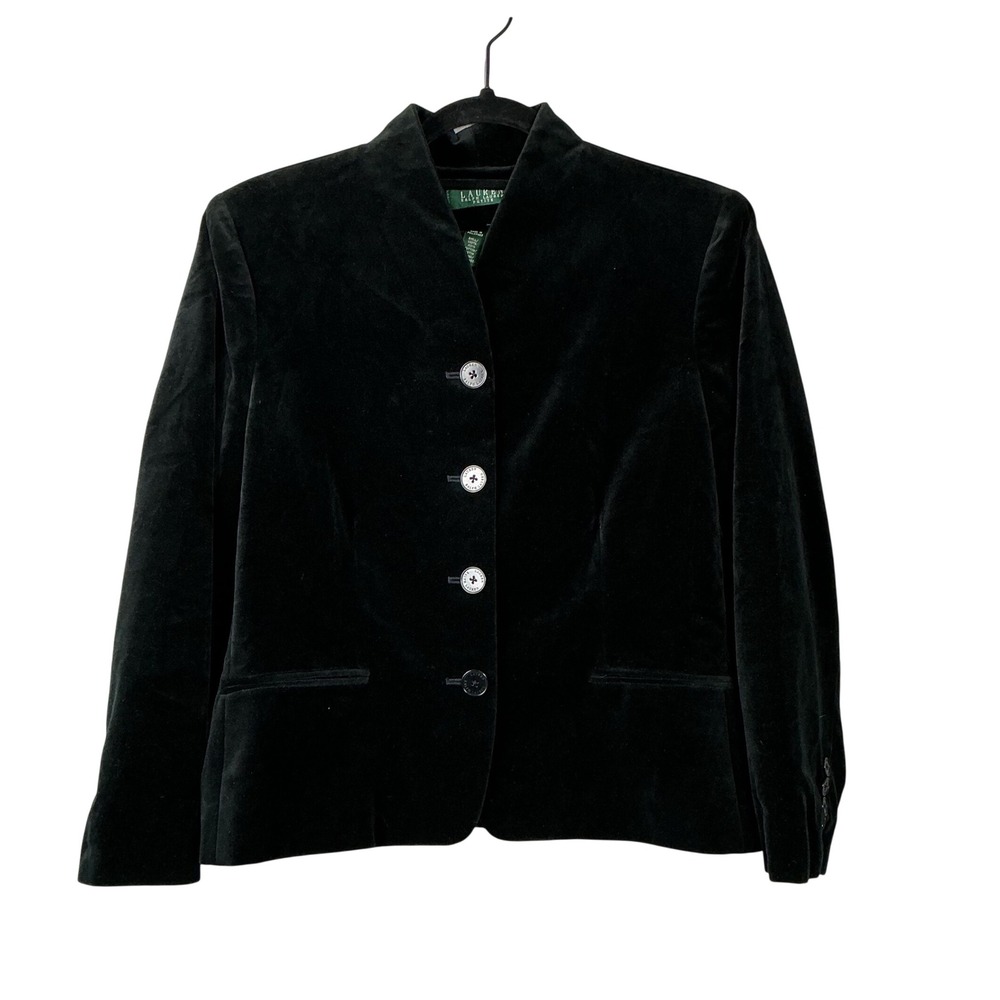 Lauren Ralph Lauren Petite Black Cotton Velvet Blazer Jacket 14P Stand Collar